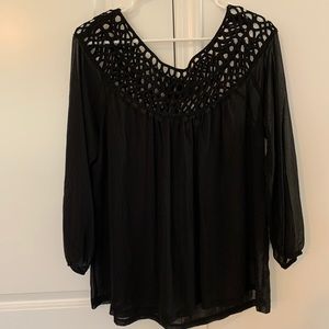 Umgee Black Sheer Top with Braided Neckline
